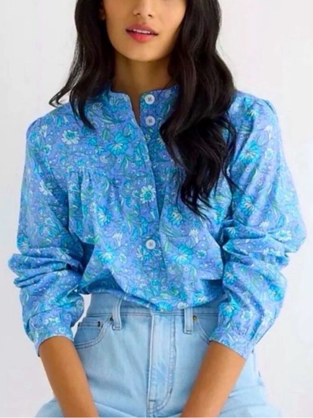 J. Crew Fresco Popover Blue Floral Long Sleeve Cotton Blouse XS Prairie Cottage